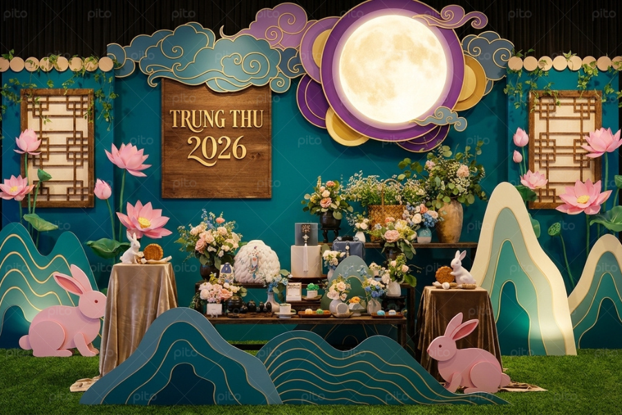 Combo Decor Bàn Tiệc Và Backdrop Trung Thu Set 3
