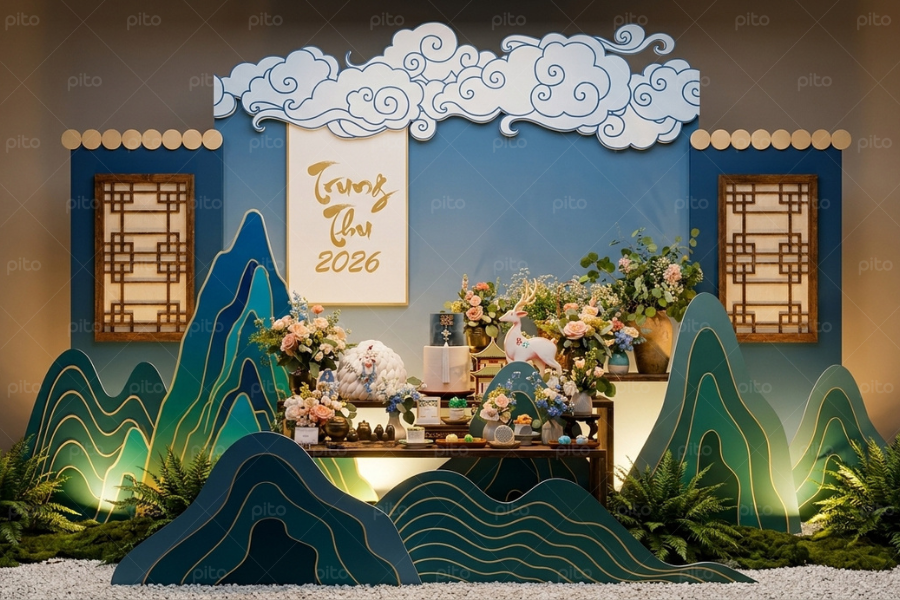 Combo Decor Bàn Tiệc Và Backdrop Trung Thu Set 2