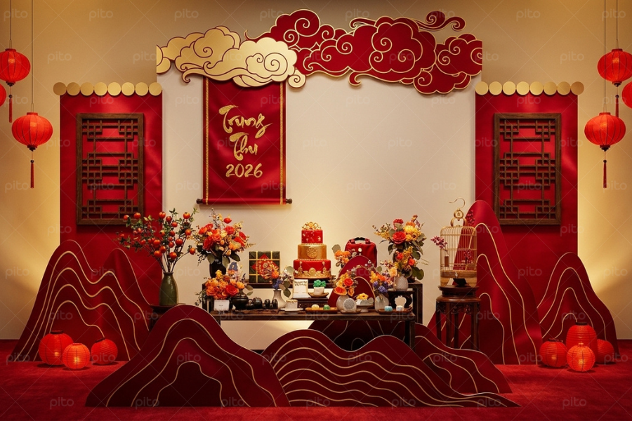 Combo Decor Bàn Tiệc Và Backdrop Trung Thu Set 1