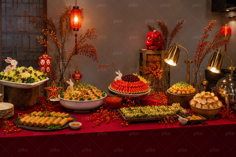 Tiệc Buffet Trang Trí Trung Thu Tone Đỏ